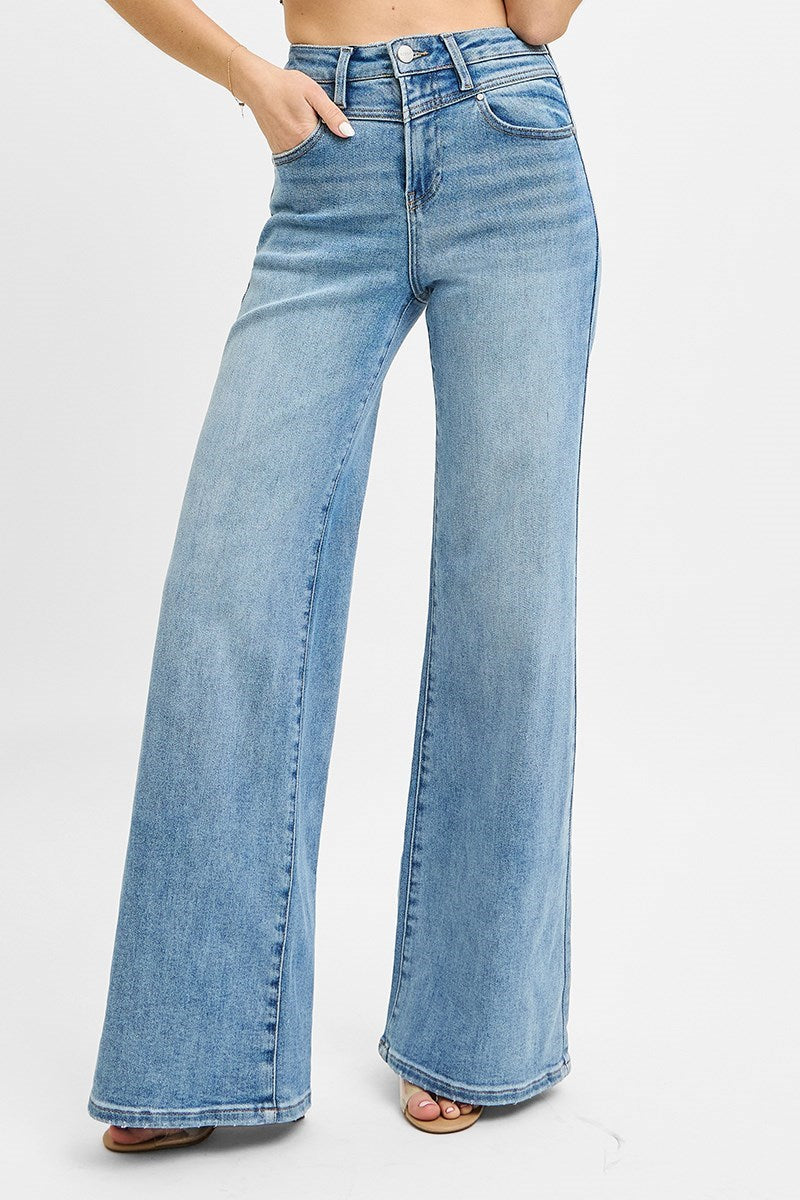High Rise Wide Front Yoke Detailed Jeans