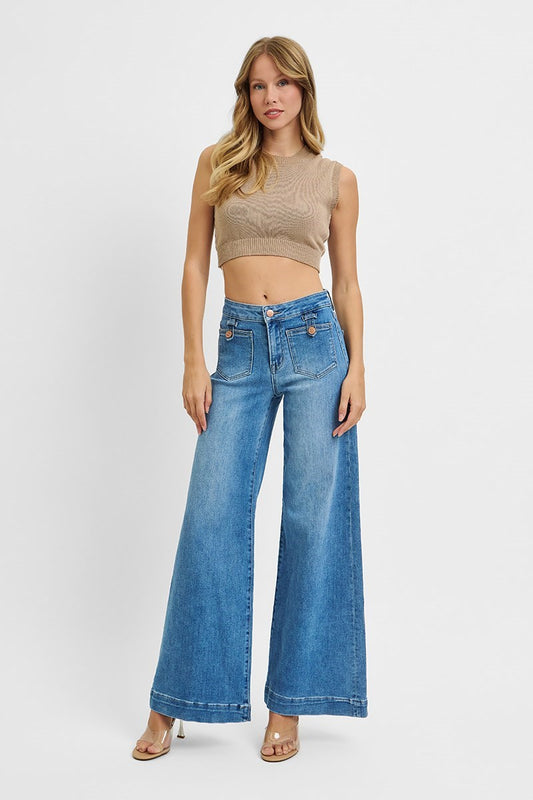 Mid Rise Wide Front Patch Pocket Jeans