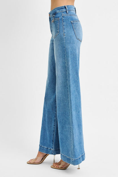 Mid Rise Wide Front Patch Pocket Jeans