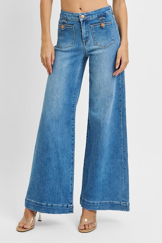 Mid Rise Wide Front Patch Pocket Jeans