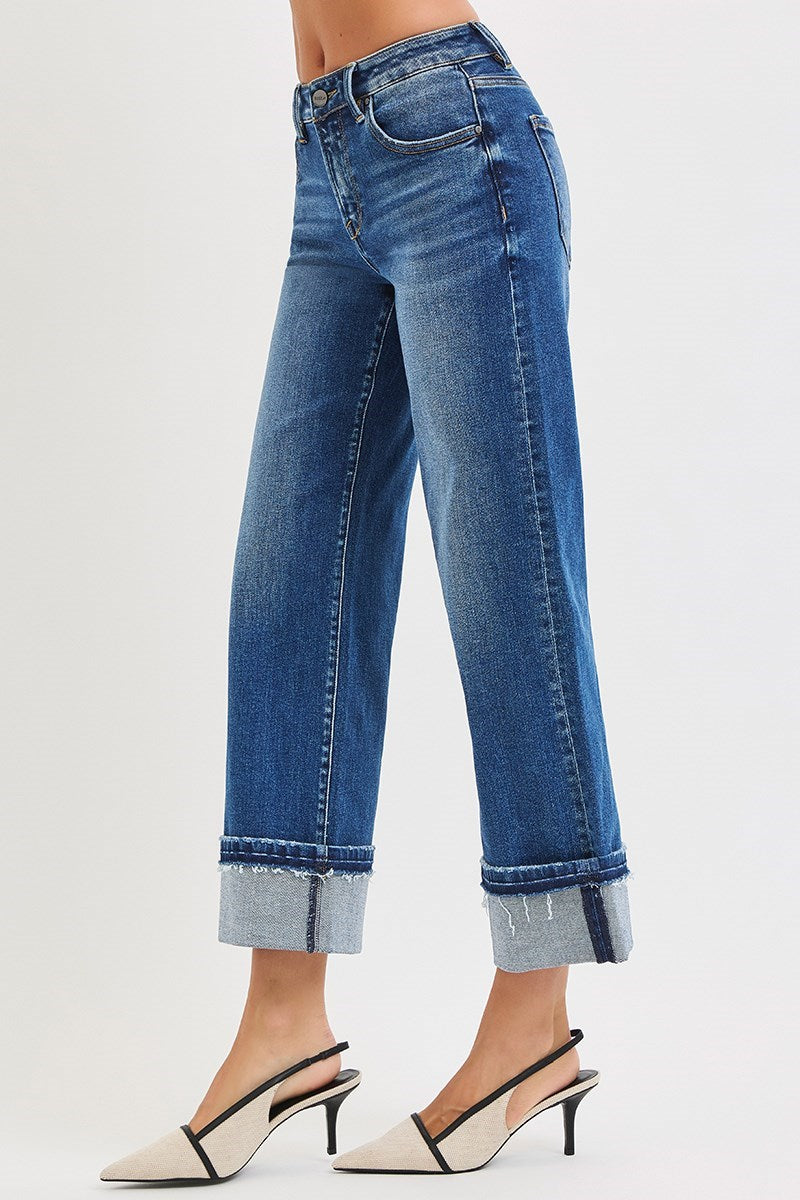 Dark Mid Rise Ankle Straight Jeans w/ Cuffed Hem