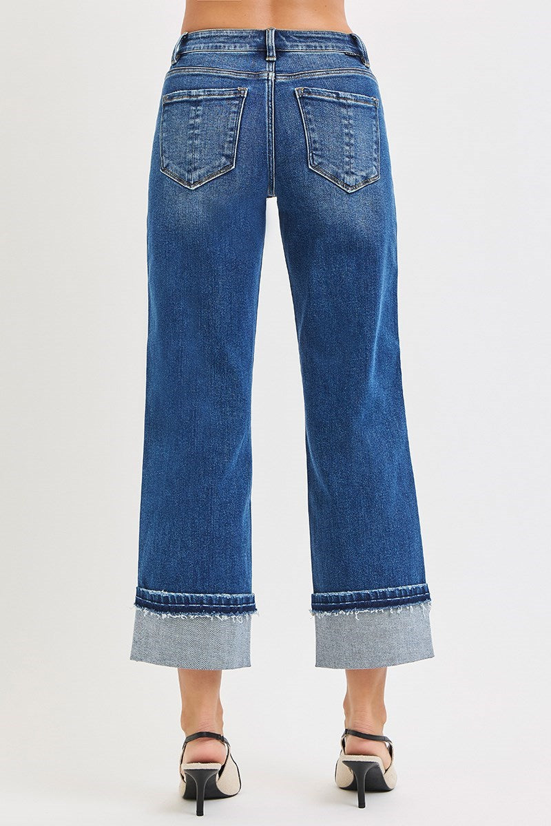 Dark Mid Rise Ankle Straight Jeans w/ Cuffed Hem