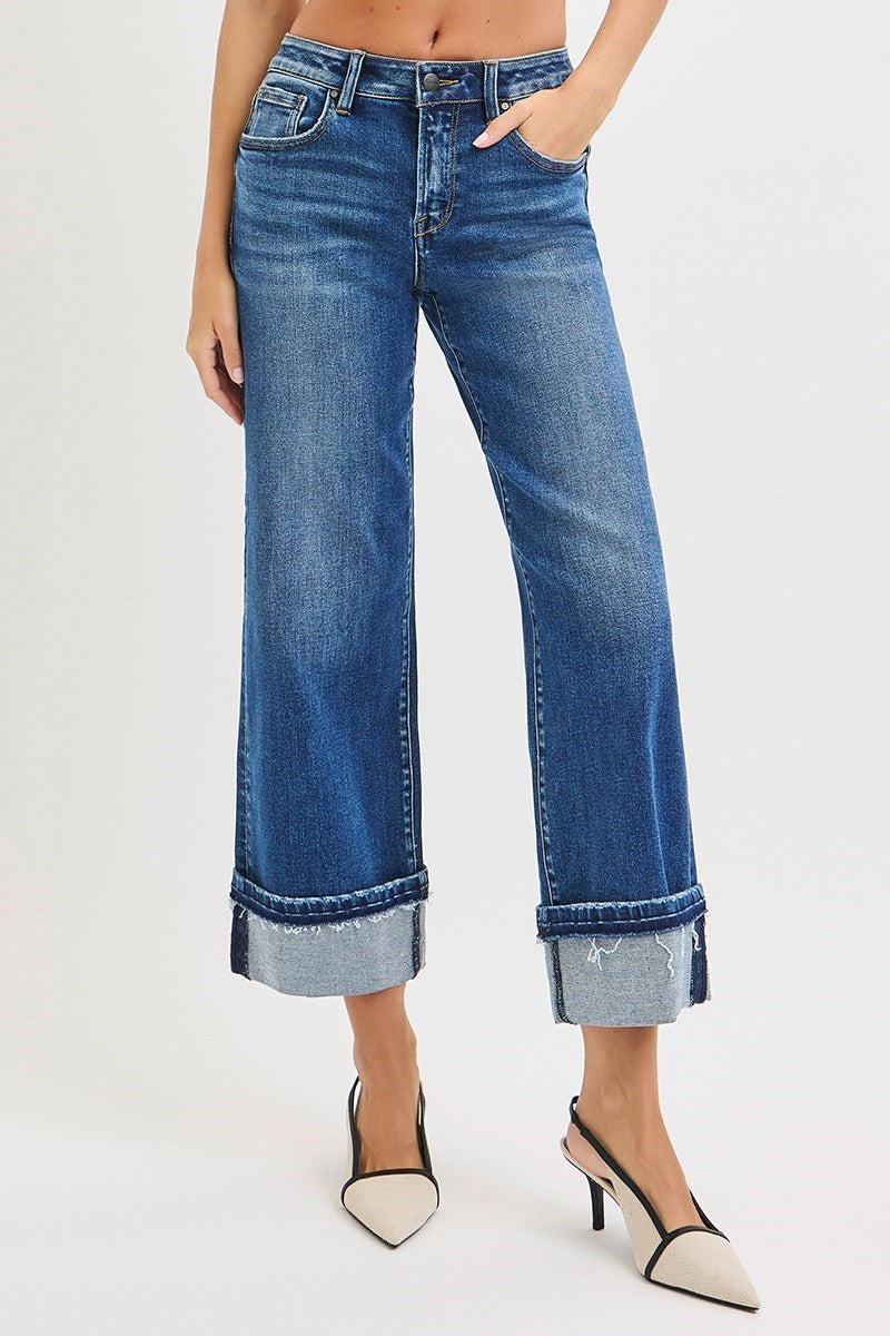 Dark Mid Rise Ankle Straight Jeans w/ Cuffed Hem