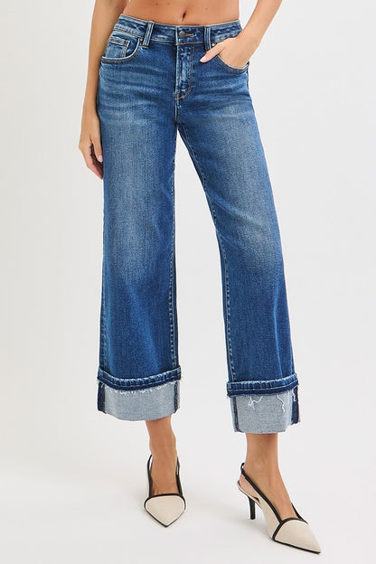 Dark Mid Rise Ankle Straight Jeans w/ Cuffed Hem