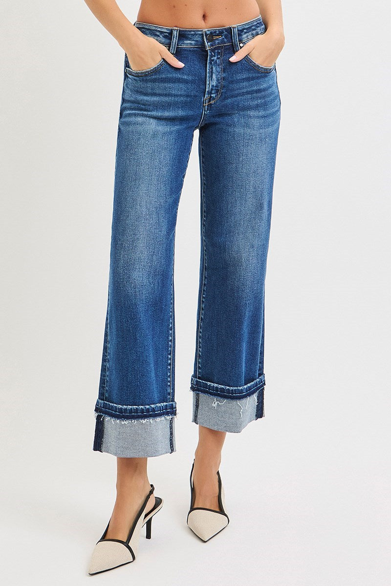 Dark Mid Rise Ankle Straight Jeans w/ Cuffed Hem