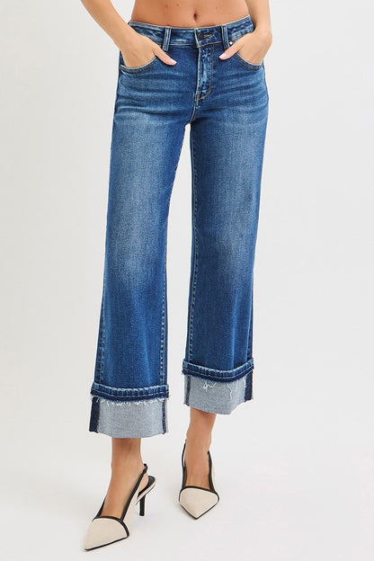Dark Mid Rise Ankle Straight Jeans w/ Cuffed Hem