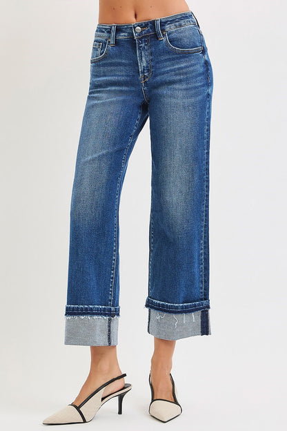Dark Mid Rise Ankle Straight Jeans w/ Cuffed Hem