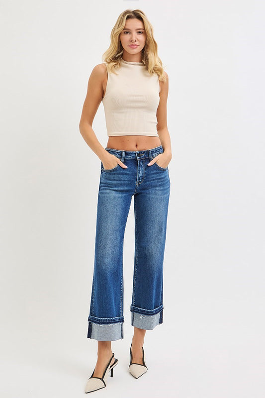 Dark Mid-Rise Ankle Jeans w/ Cuffed Hem