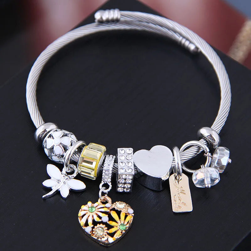 Heart & floral Bangle Bracelet