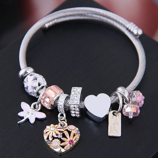 Heart & floral Bangle Bracelet