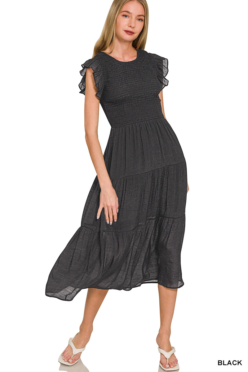 Smocked Ruffle Sleeve Midi Dress