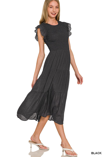Smocked Ruffle Sleeve Midi Dress