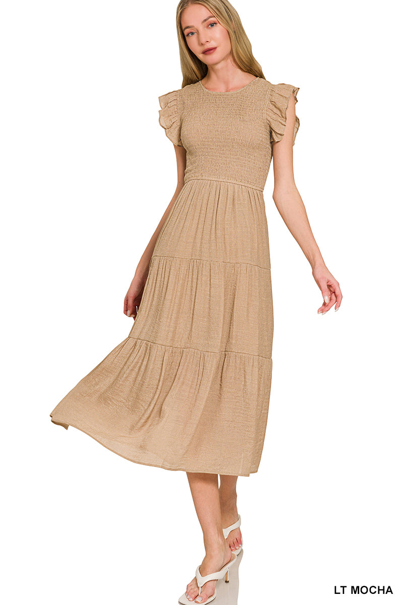 Smocked Ruffle Sleeve Midi Dress