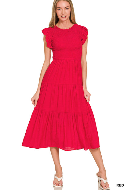 Smocked Ruffle Sleeve Midi Dress