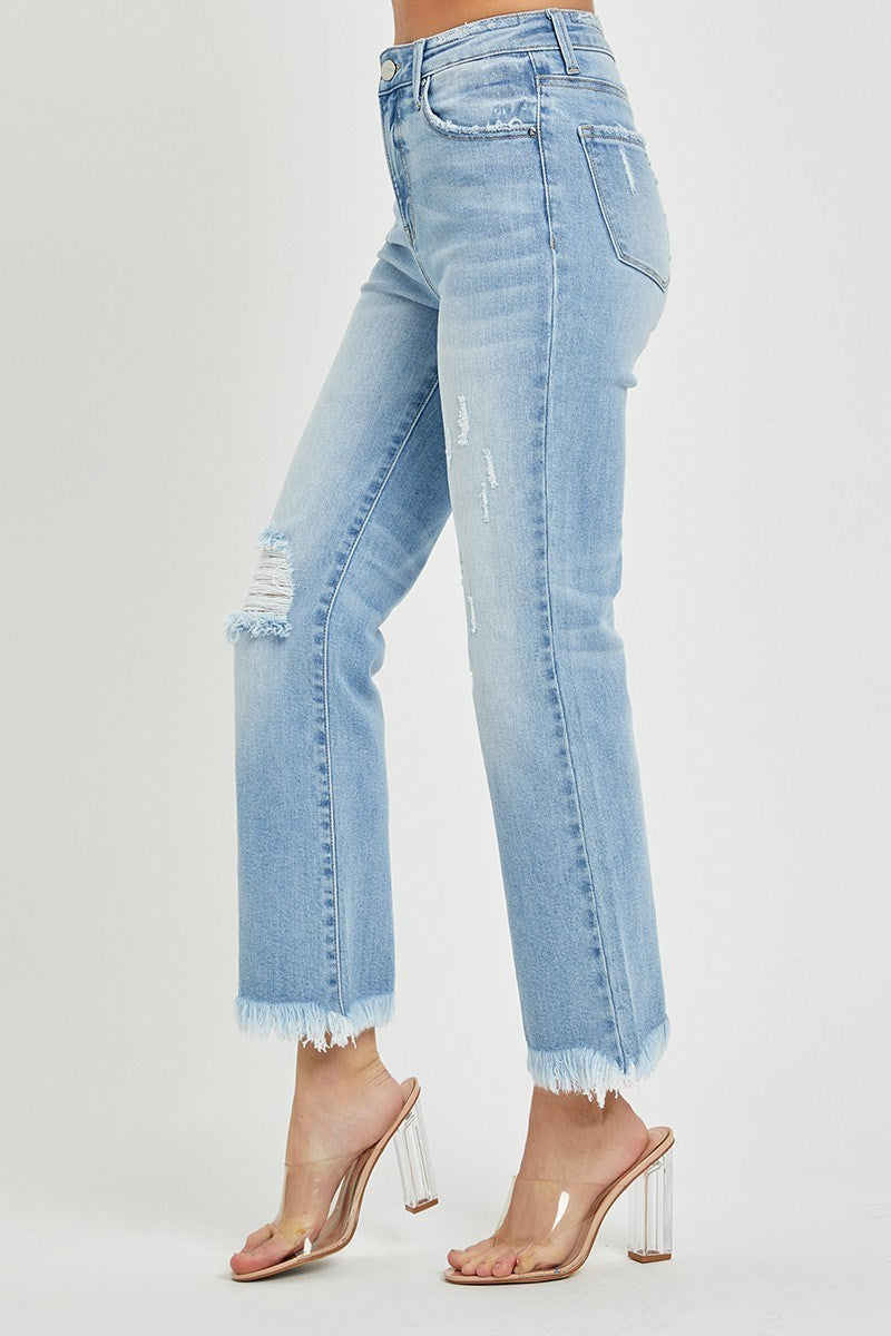 High Rise Crop Bootcut Frayed Light Jeans