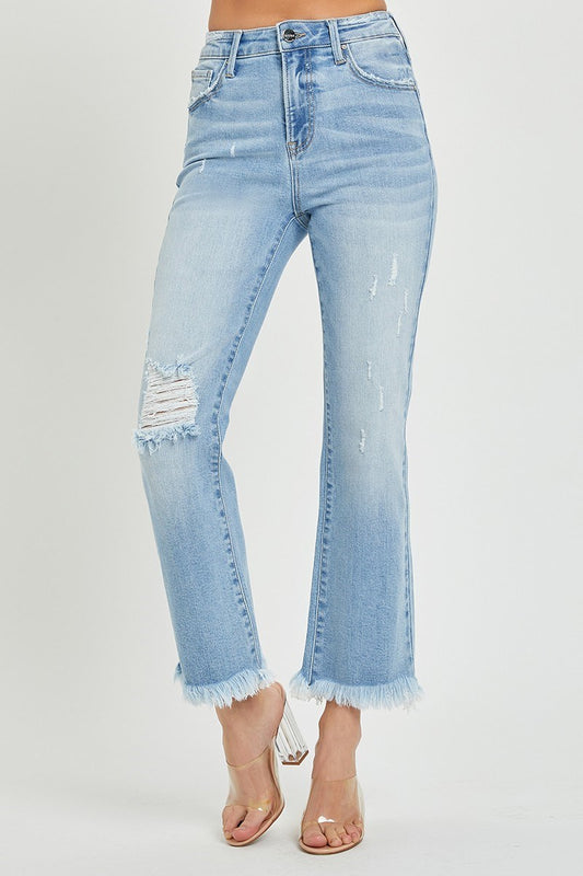 High Rise Crop Bootcut Frayed Light Jeans