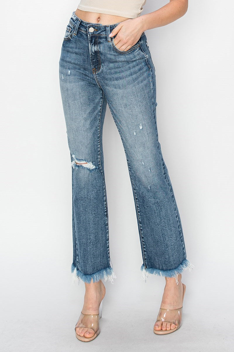 Frayed High Rise Crop Bootcut Jeans