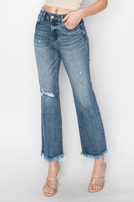Frayed High Rise Crop Bootcut Jeans
