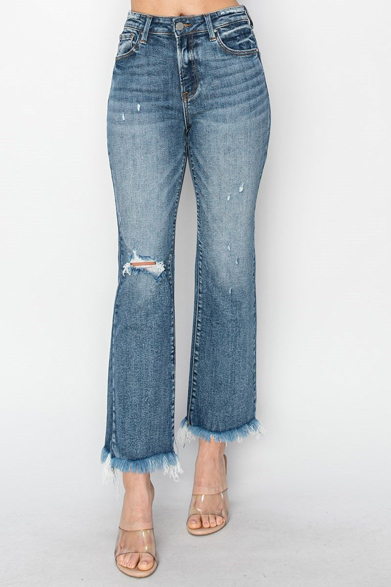 Frayed High Rise Crop Bootcut Jeans
