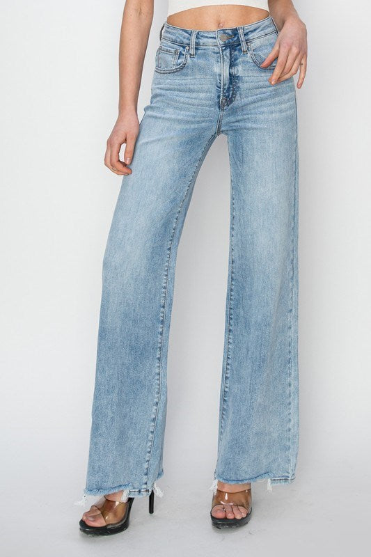 High Rise Wide Leg Step Hem Jeans