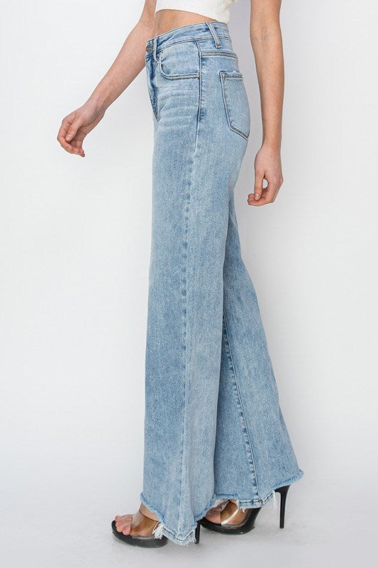 High Rise Wide Leg Step Hem Jeans