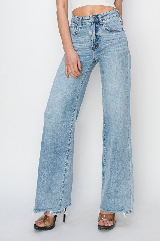 High Rise Wide Leg Step Hem Jeans