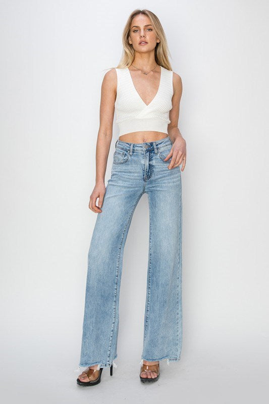 High Rise Wide Leg Step Hem Jeans