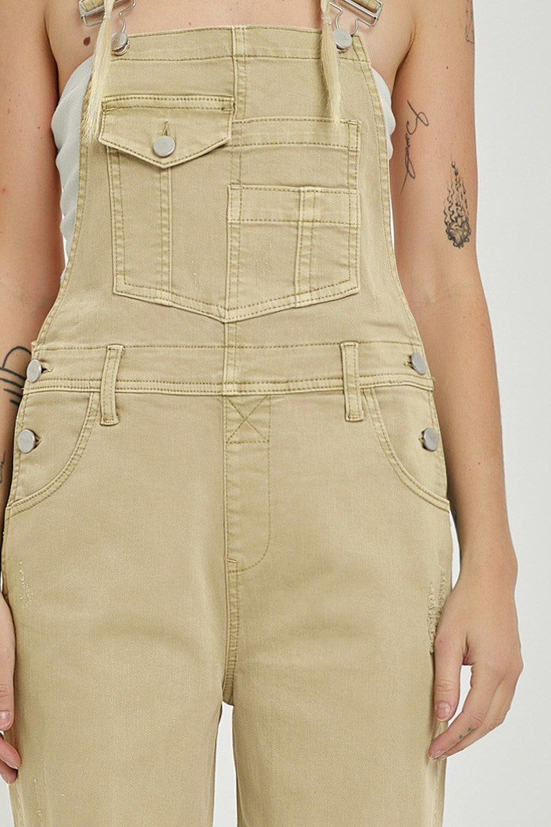 Sand High Rise Distressed Overalls