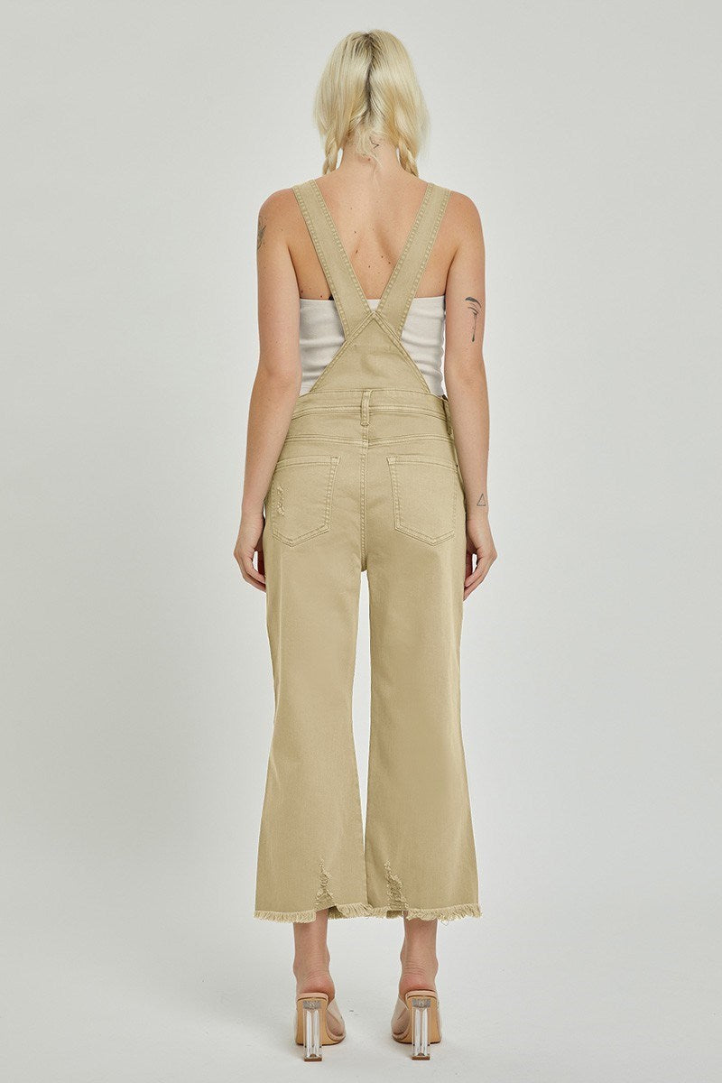 Sand High Rise Distressed Overalls