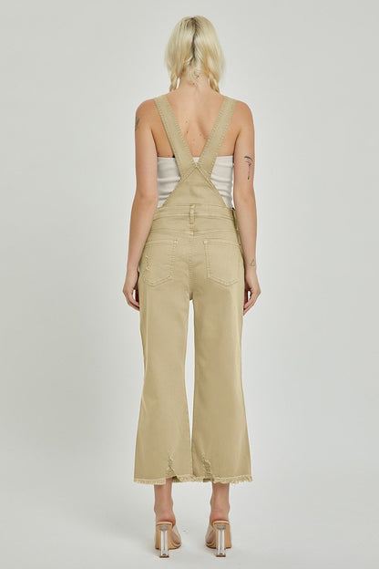 Sand High Rise Distressed Overalls
