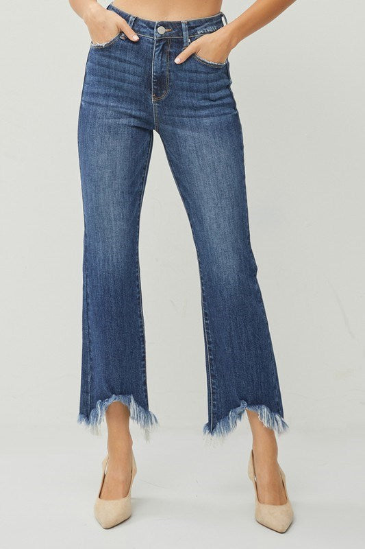 High Rise Crop Bootcut Fray Hem Risen Jeans