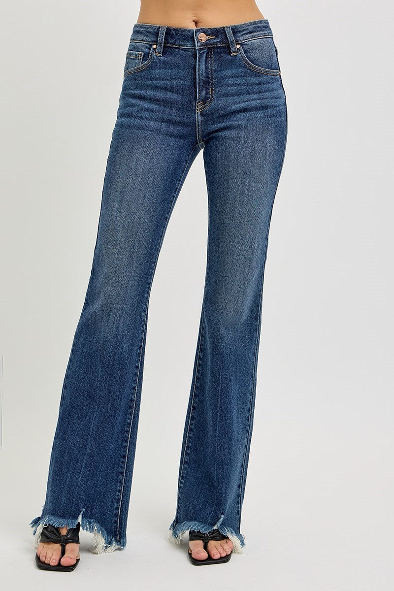Mid Rise Flare Frayed Hem Risen Jeans