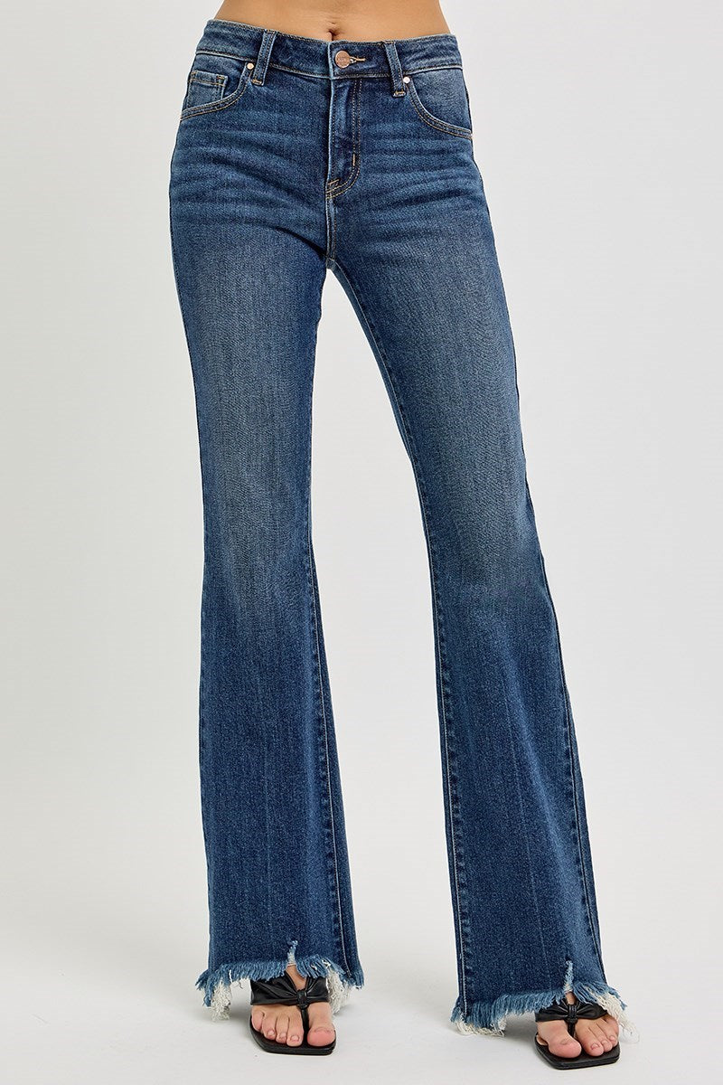 Mid Rise Flare Frayed Hem Risen Jeans