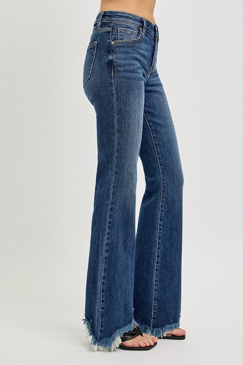 Mid Rise Flare Frayed Hem Risen Jeans