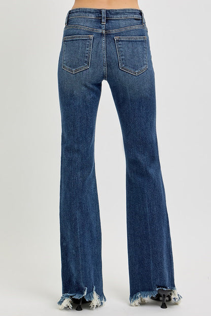 Mid Rise Flare Frayed Hem Risen Jeans