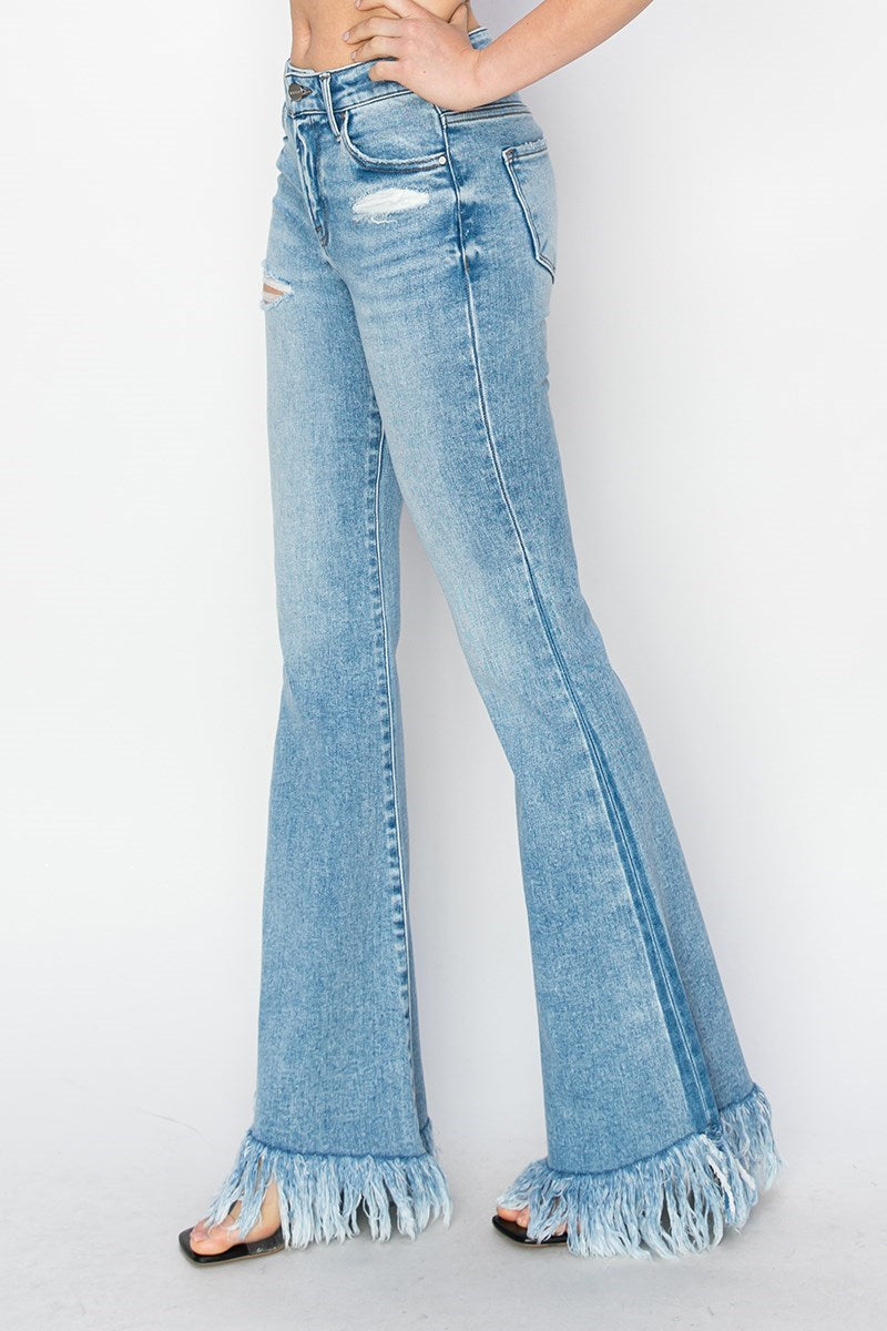 Mid Rise Flare Long Fray Light Blue Risen Jeans