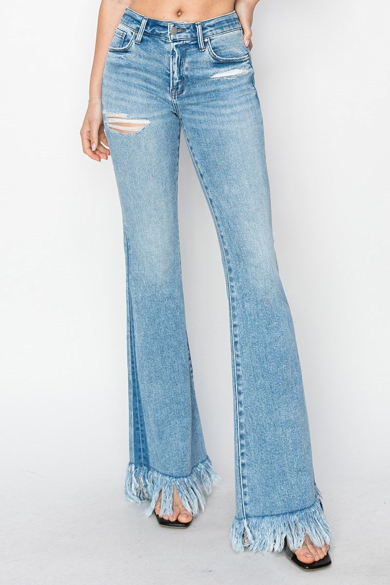 Mid Rise Flare Long Fray Light Blue Risen Jeans