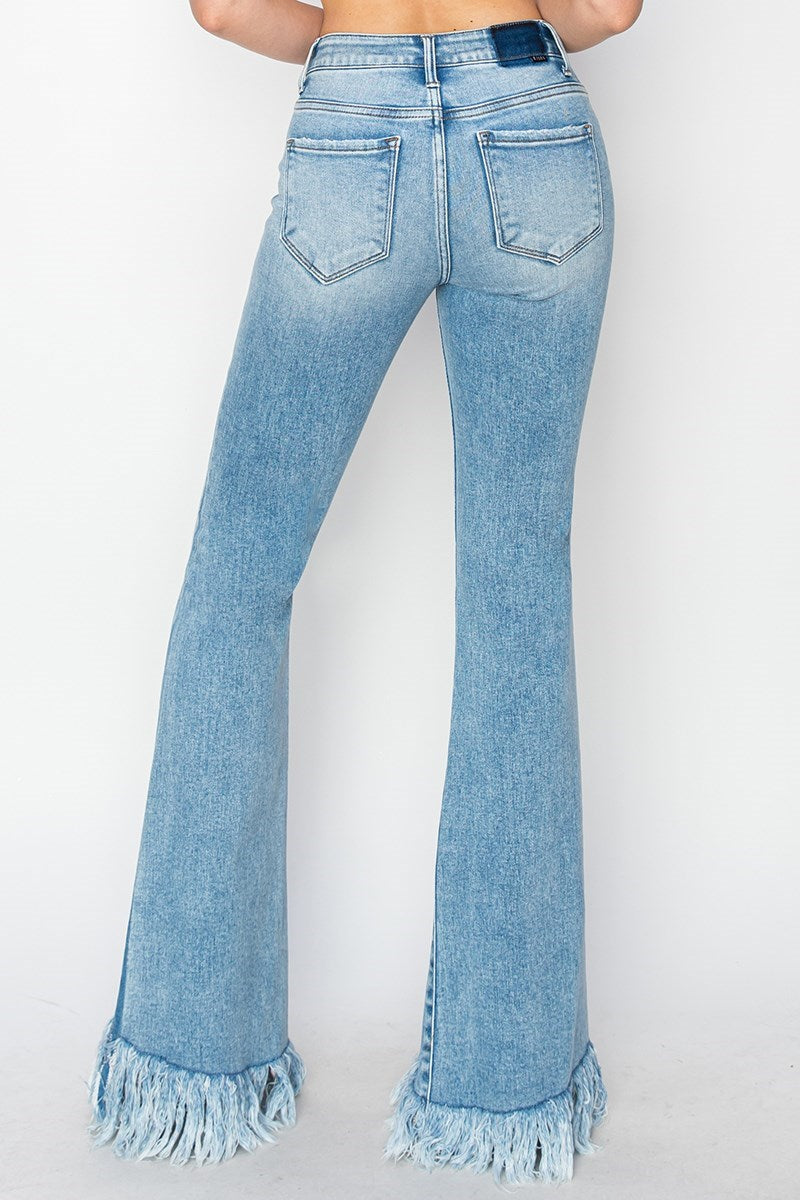 Mid Rise Flare Long Fray Light Blue Risen Jeans