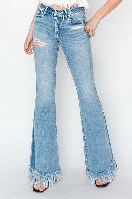 Risen Mid Rise Flare Long Fray Jeans