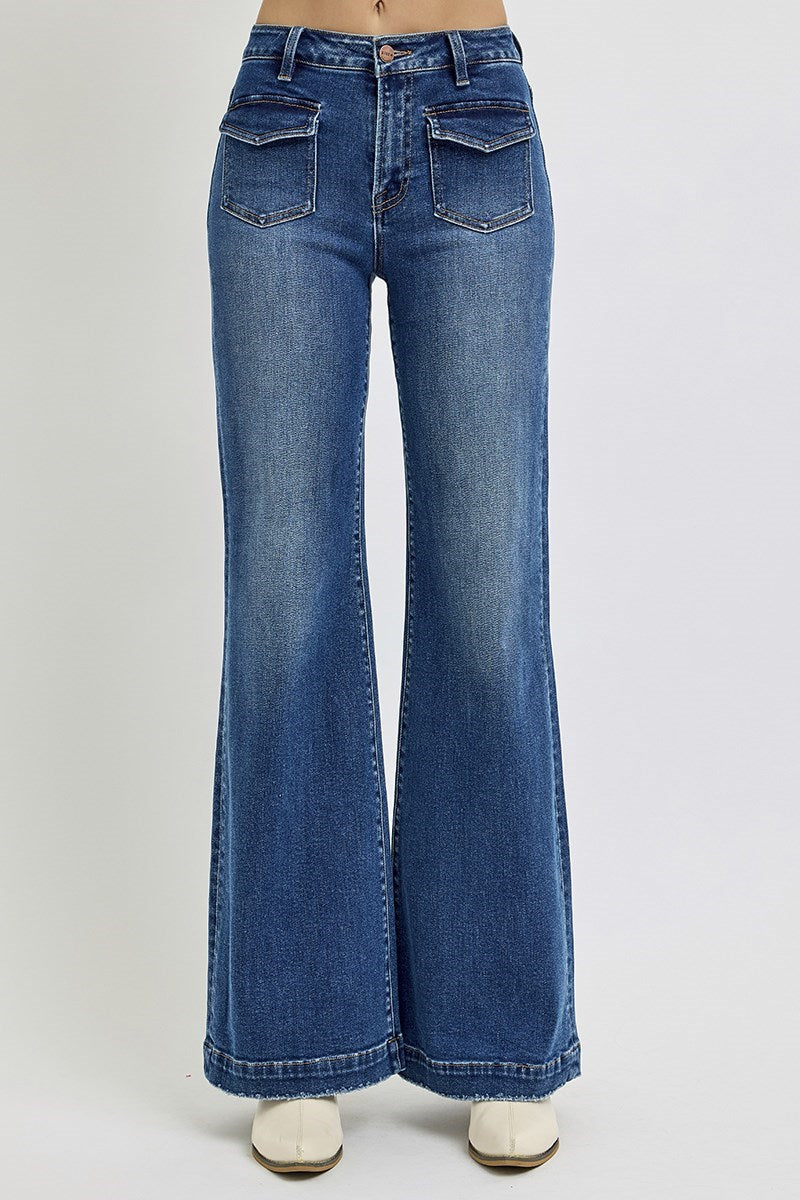 High Rise Wide Front Patch Pocket Jeans