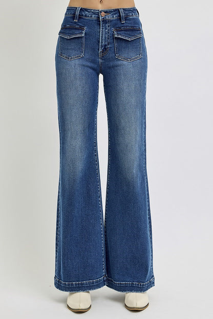High Rise Wide Front Patch Pocket Jeans