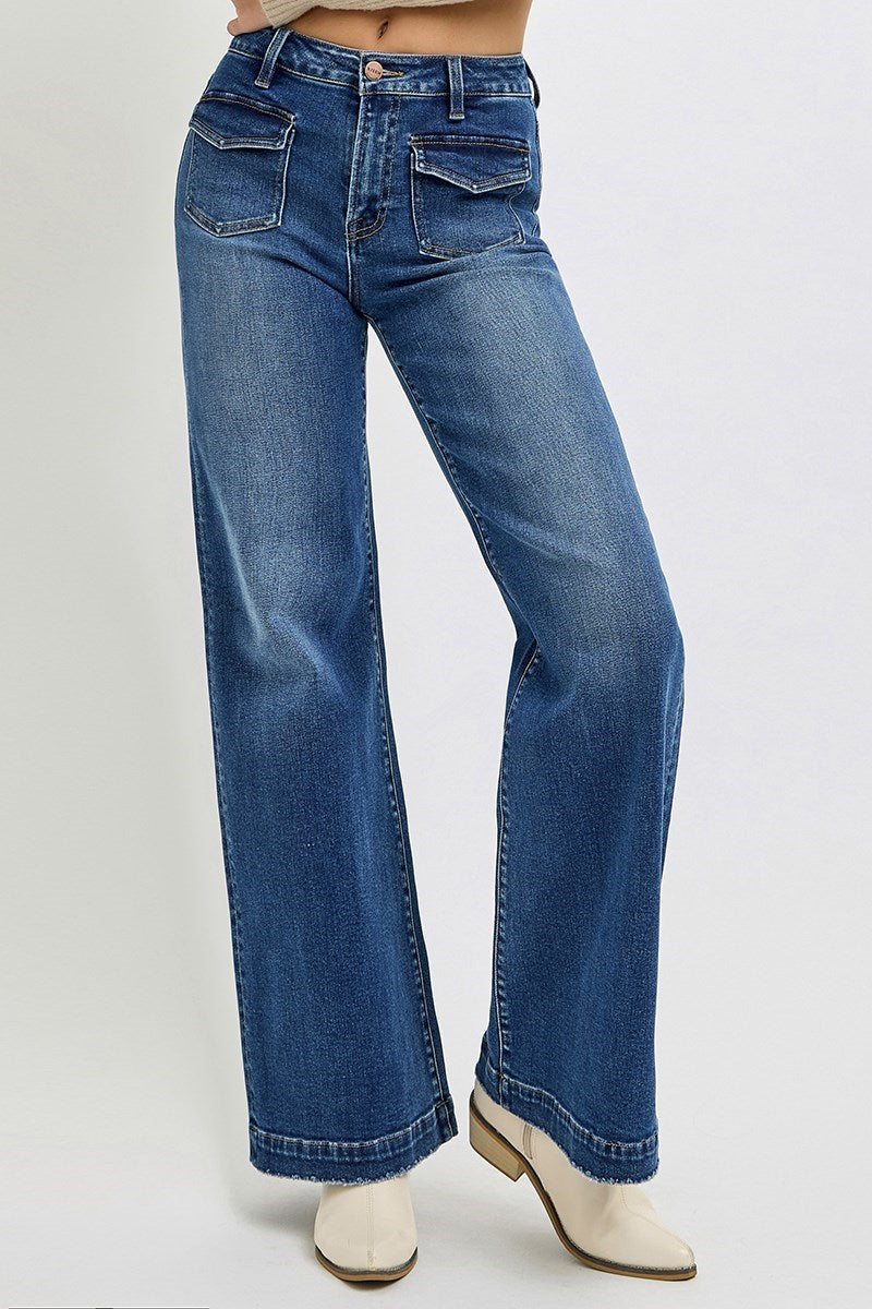 High Rise Wide Front Patch Pocket Jeans