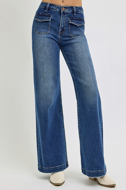 High Rise Wide Front Patch Pocket Jeans