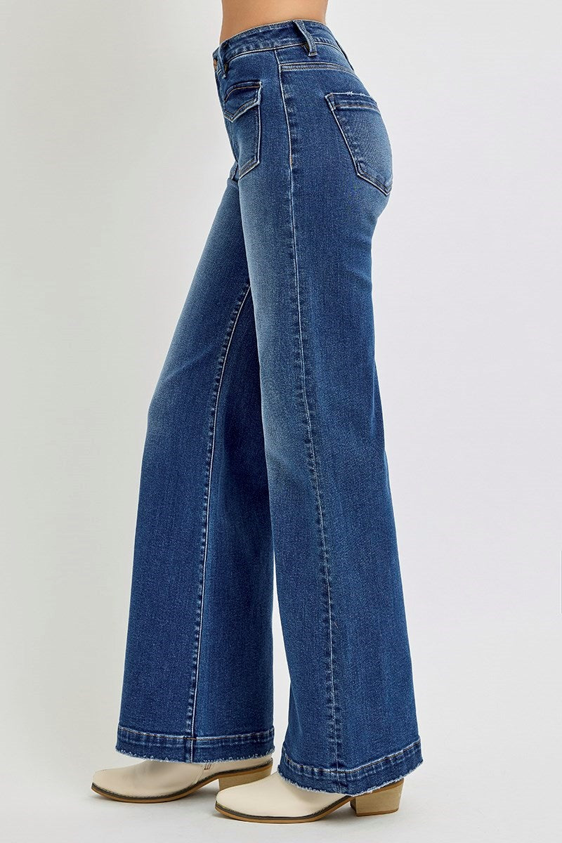 High Rise Wide Front Patch Pocket Jeans