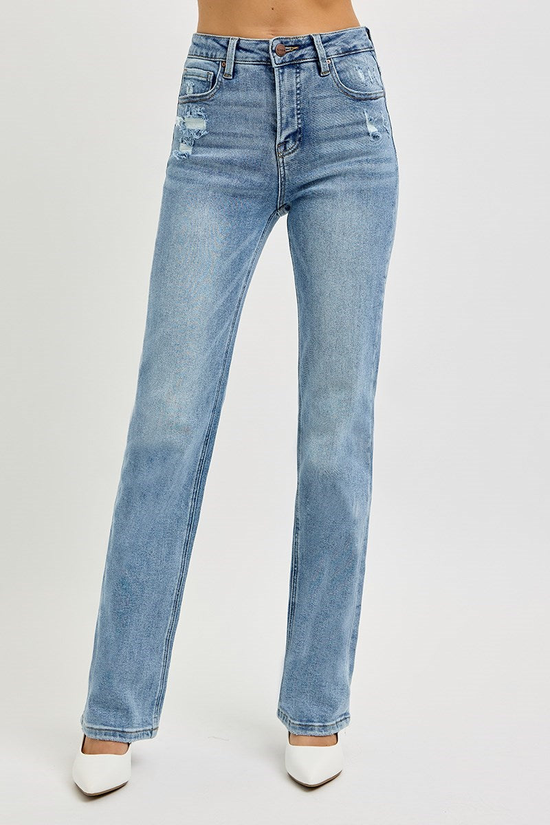 Tummy Control High Rise Straight Distressed Jeans