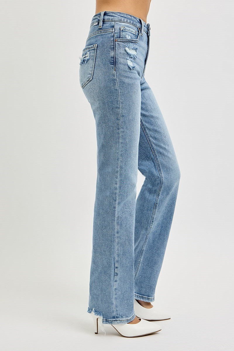 Tummy Control High Rise Straight Distressed Jeans