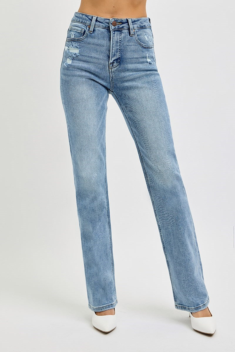 Tummy Control High Rise Straight Distressed Jeans