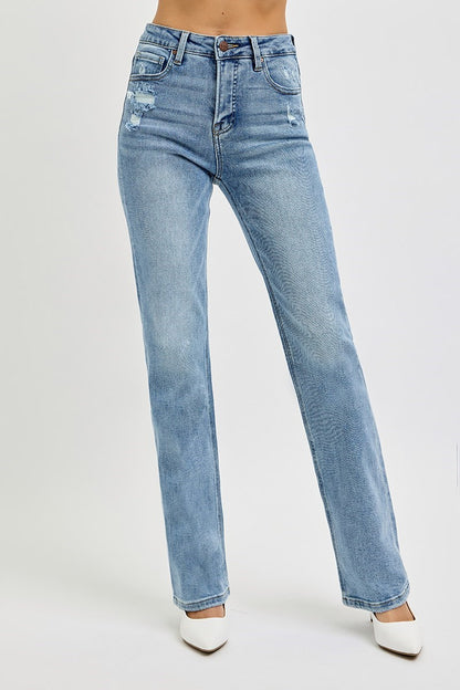 Tummy Control High Rise Straight Distressed Jeans