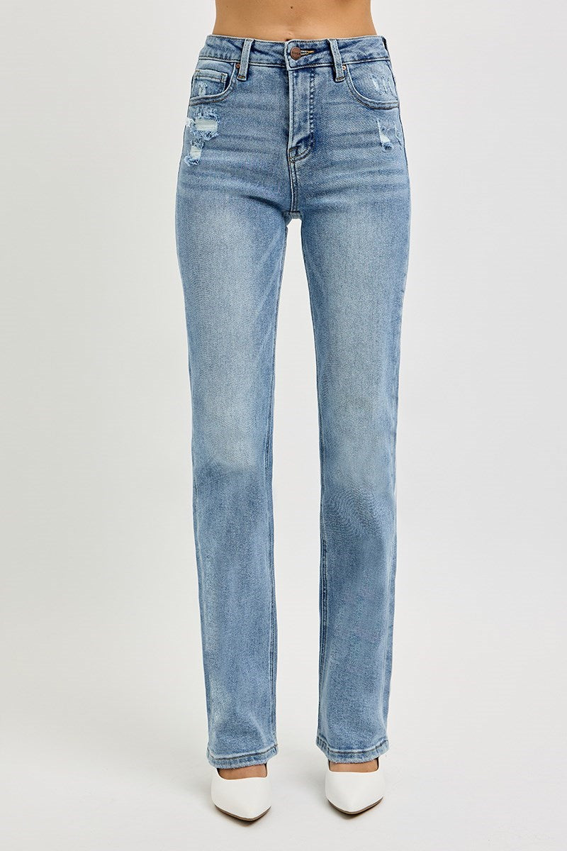 Tummy Control High Rise Straight Distressed Jeans