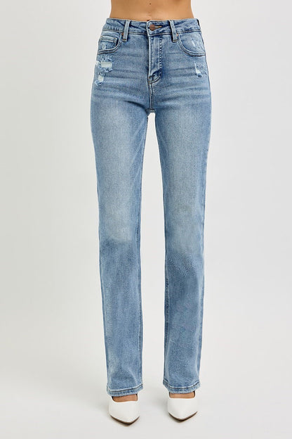 Tummy Control High Rise Straight Distressed Jeans